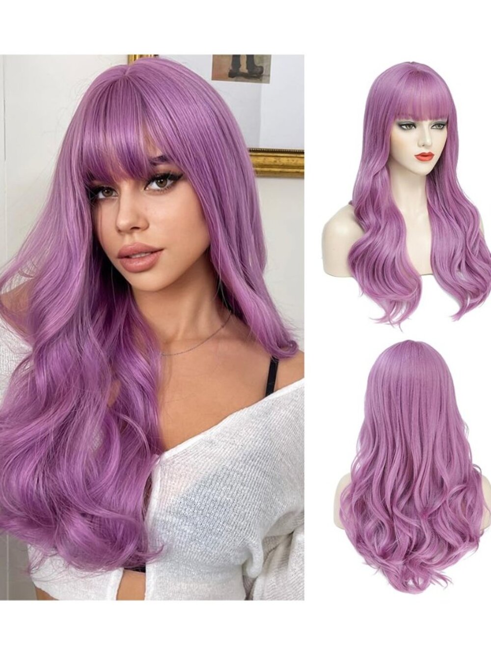 Long Wigs for Women Purple Wig with Bangs for Women Wavy Synthetic Heat